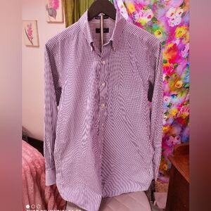 Izod Men's Purple and White Striped Button Down Shirt